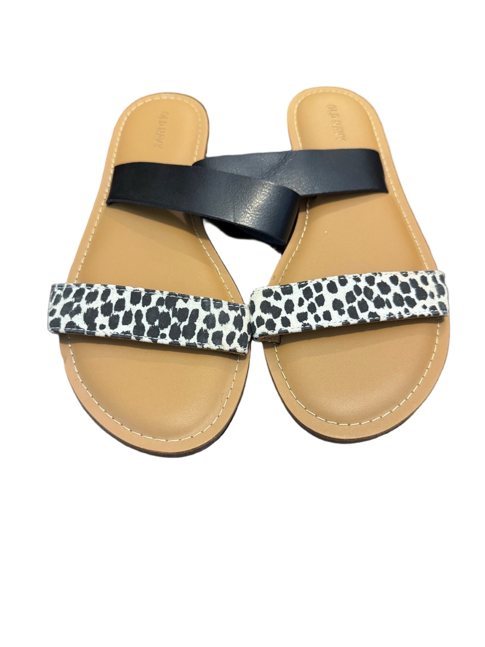 Old Navy Women’s Black & Tan Double-Strip Slide Sandals with Leopard Accent